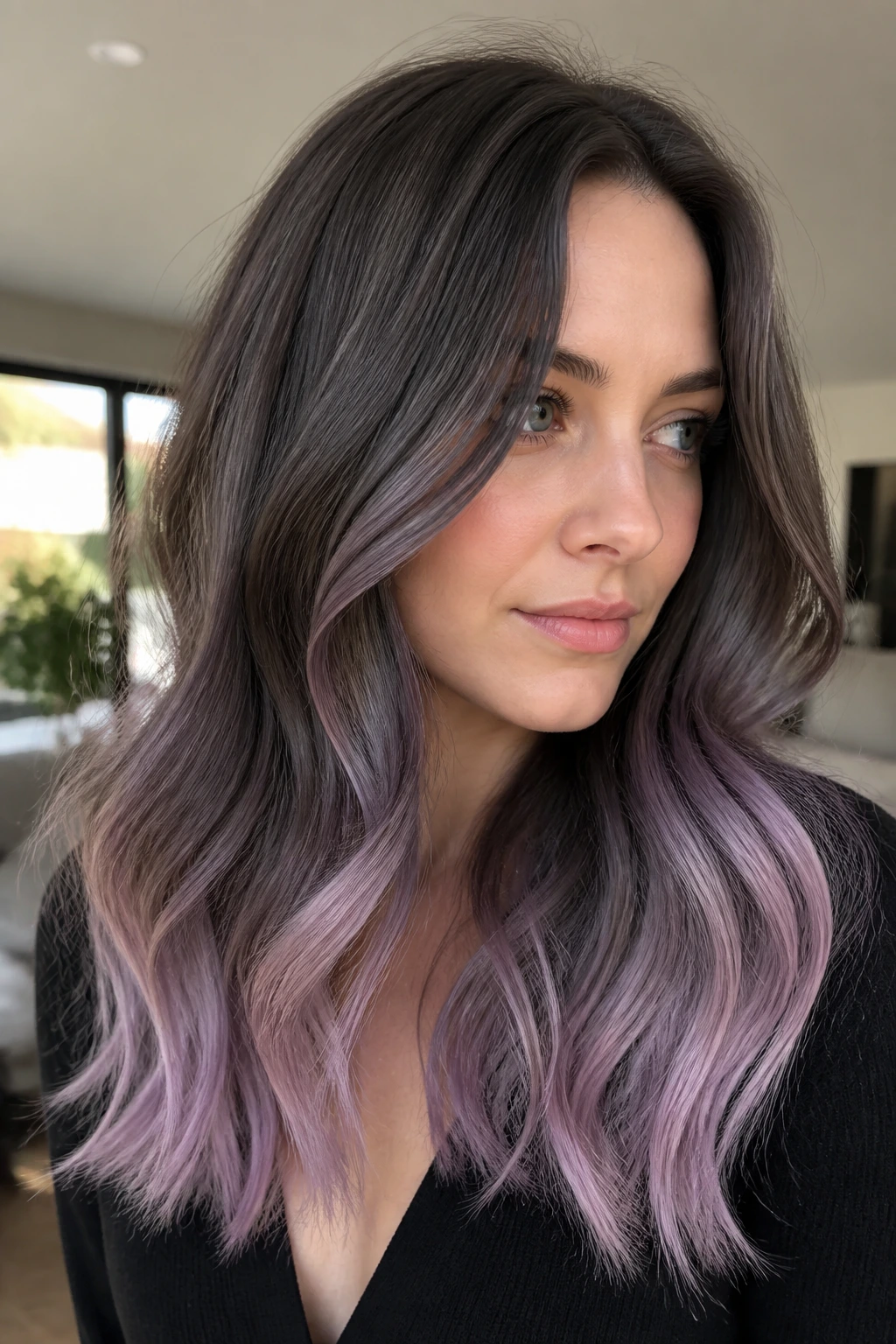 Close-up of real person with slate brunette and lavender ends