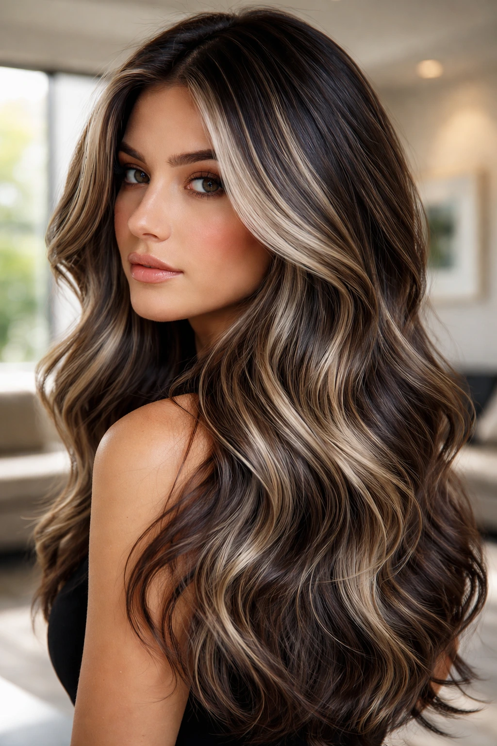 Close-up portrait of a real person with slate-grey and champagne tones in hair.
