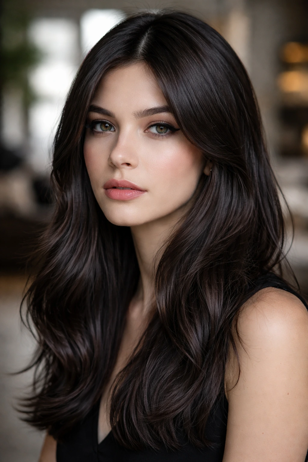 Close-up portrait of a person with slate espresso hair color featuring a cool slate undertone