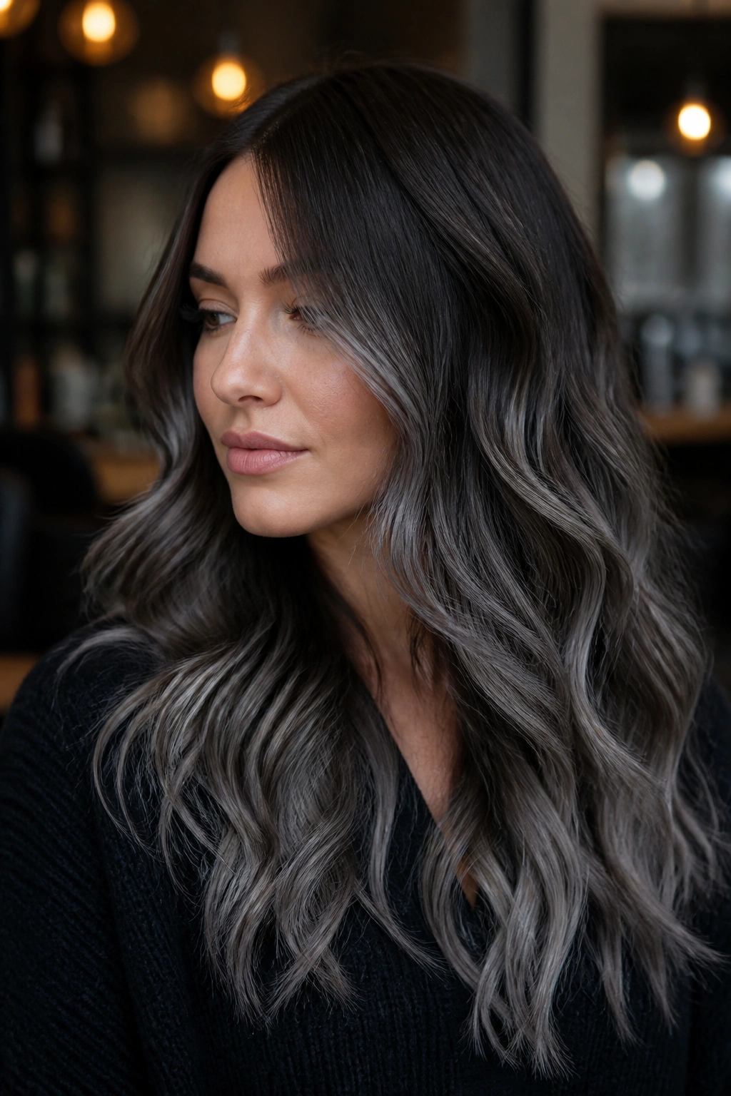 Close-up portrait of a real woman with slate and espresso waves on brown hair in moody light