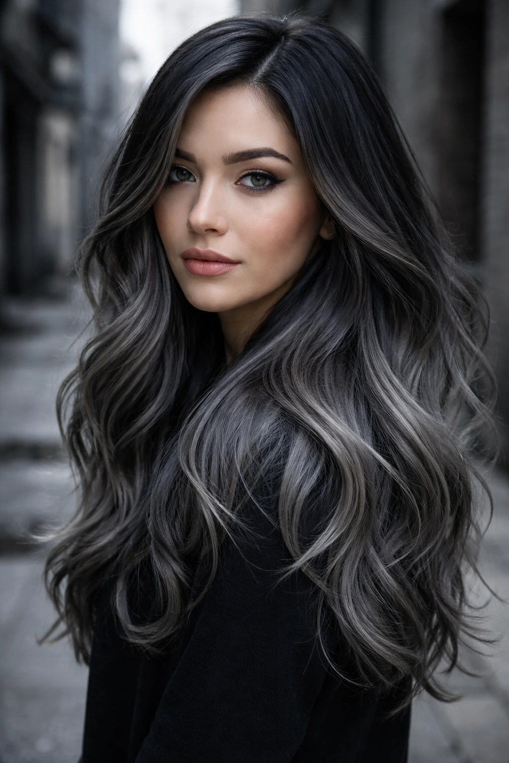 Close-up of a woman with slate gray balayage on black hair
