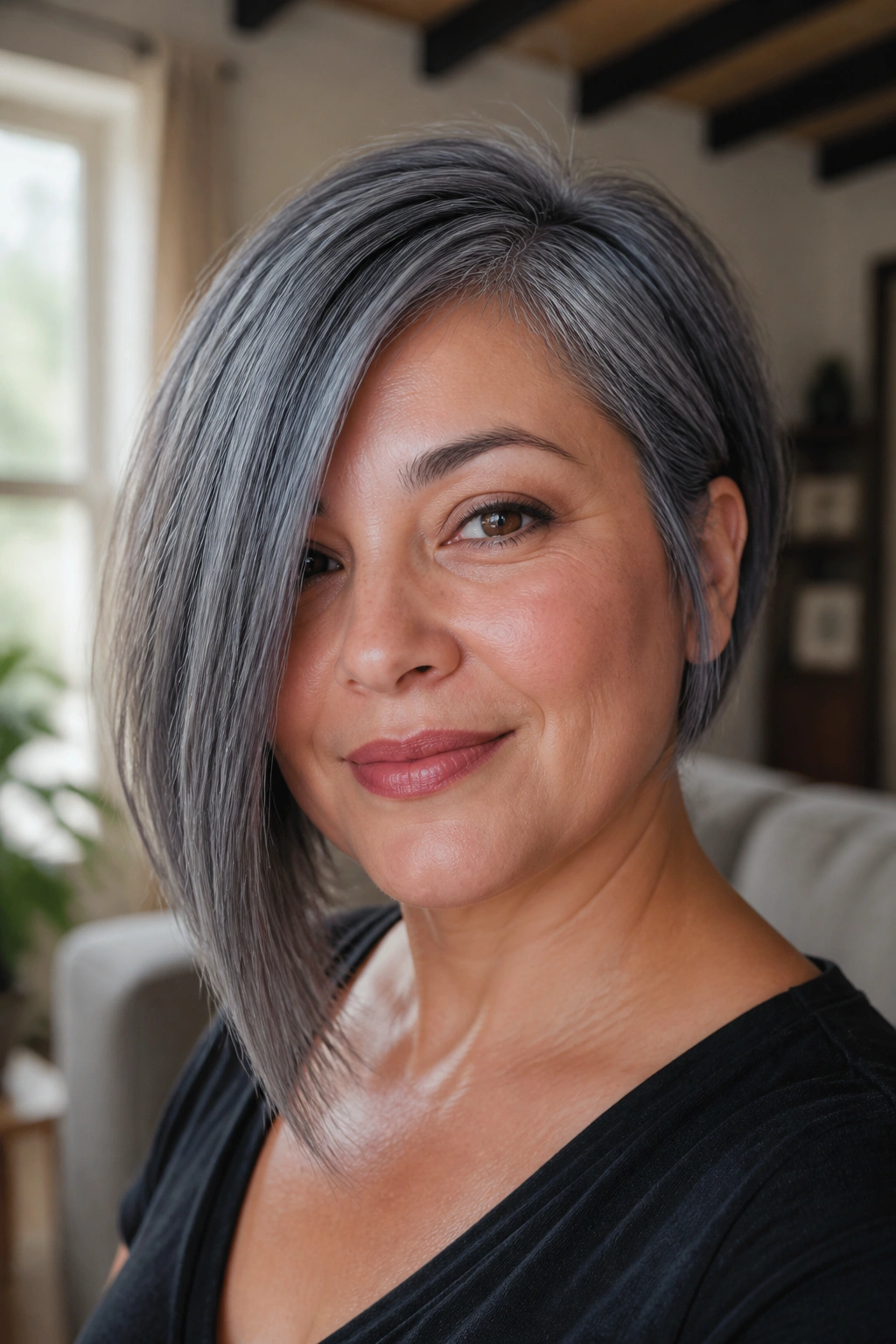 Close-up of a real woman with slate gray asymmetrical bob hairstyle filling the frame