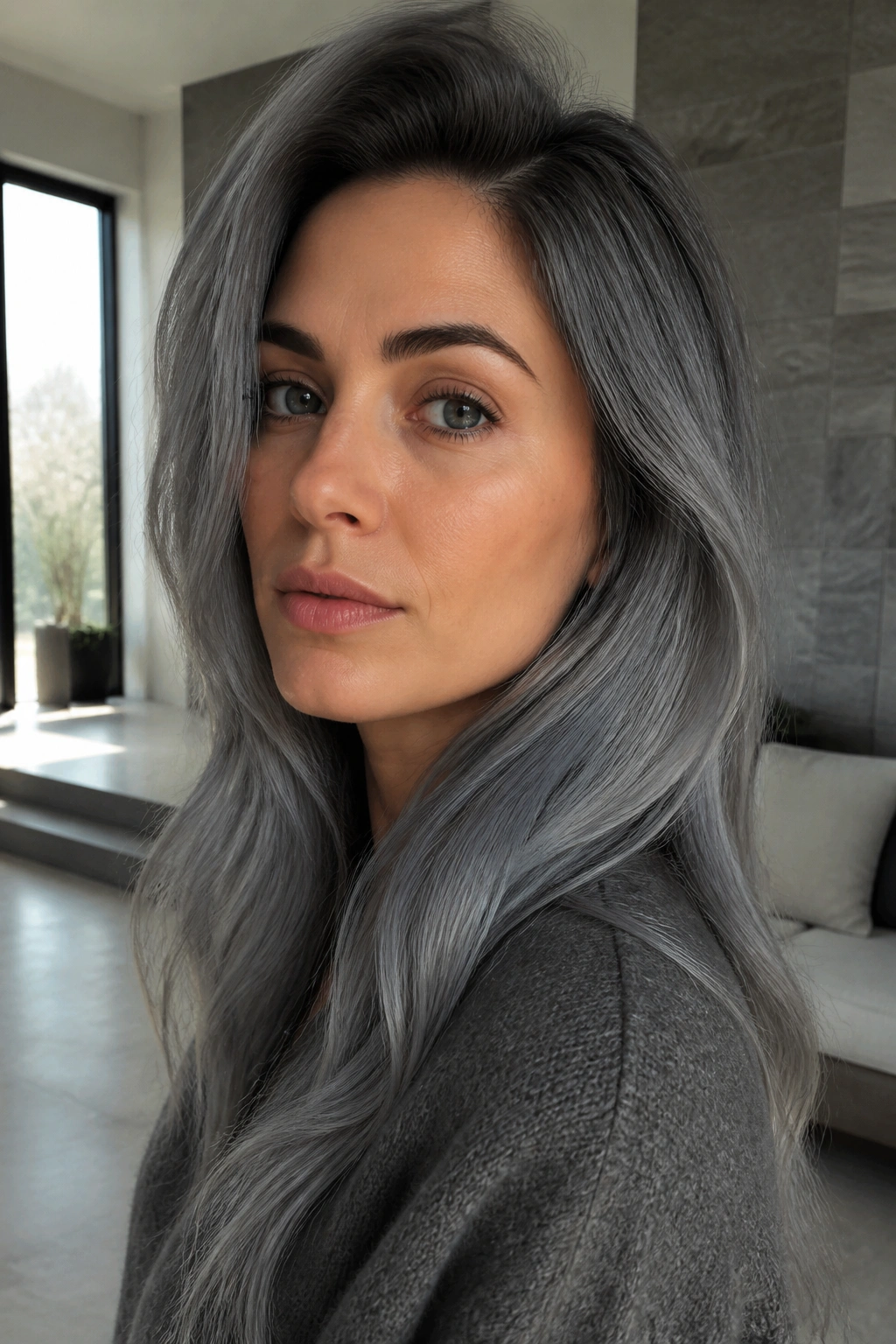 Close-up of a real person with slate gray hair
