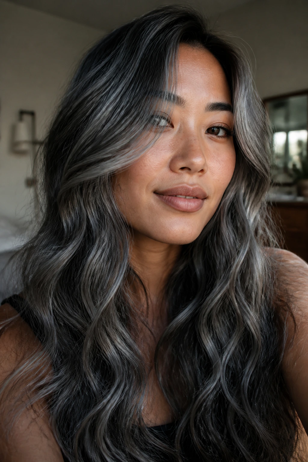 Close-up of long slate gray curly hair on a real person
