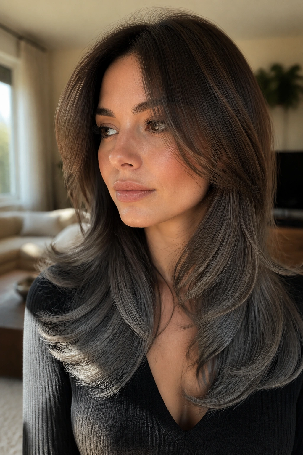 Close-up of a woman with slate gray ends on layered brunette hair, warm window light.