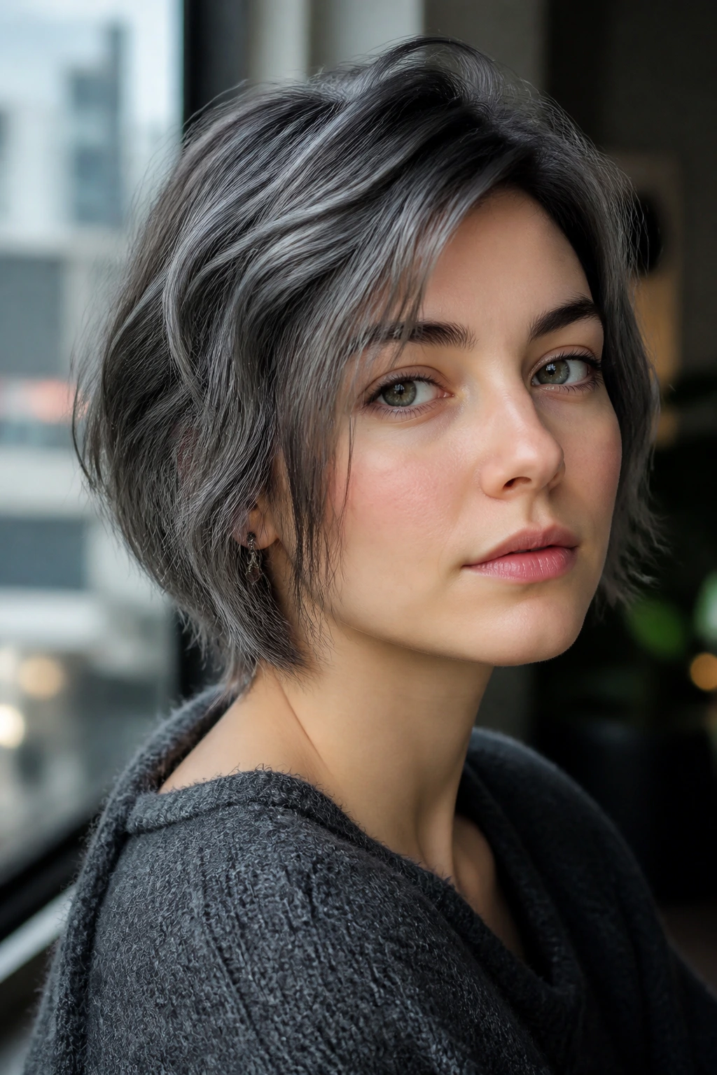 Portrait of a person with slate gray hair in a short layered cut