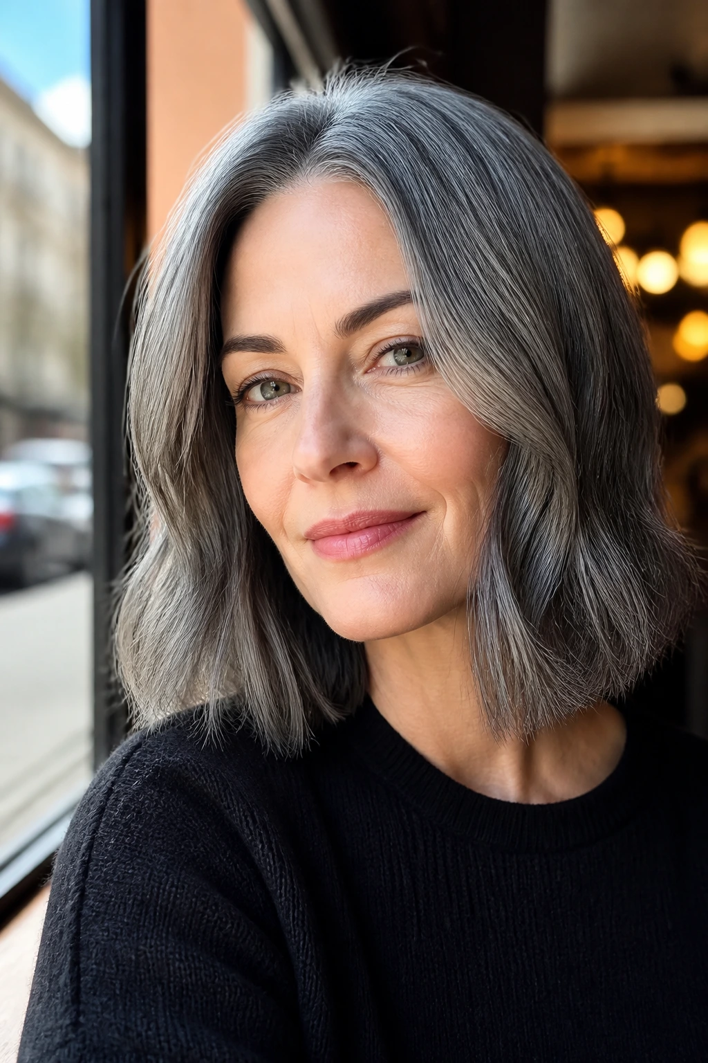 Close-up of a real person with slate gray lob haircut