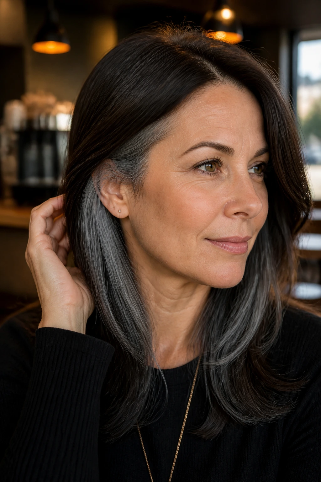 Close-up of a woman showing slate gray peekaboo pieces under the top layer