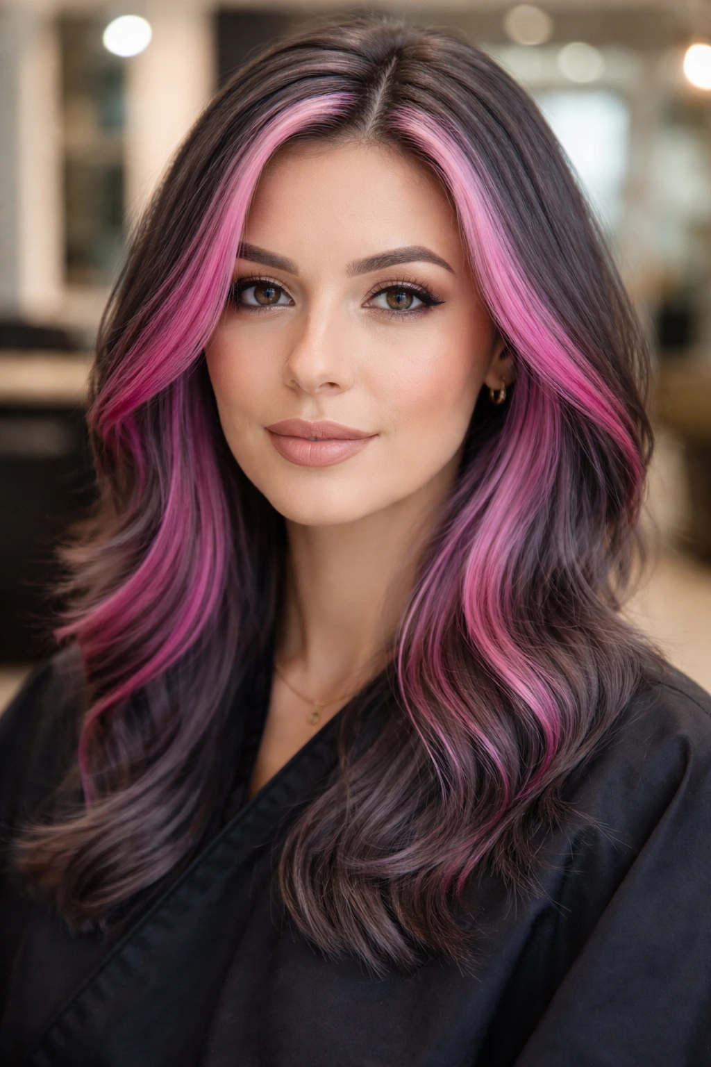 Close-up portrait of a real person with slate gray hair and pink face-framing pieces.