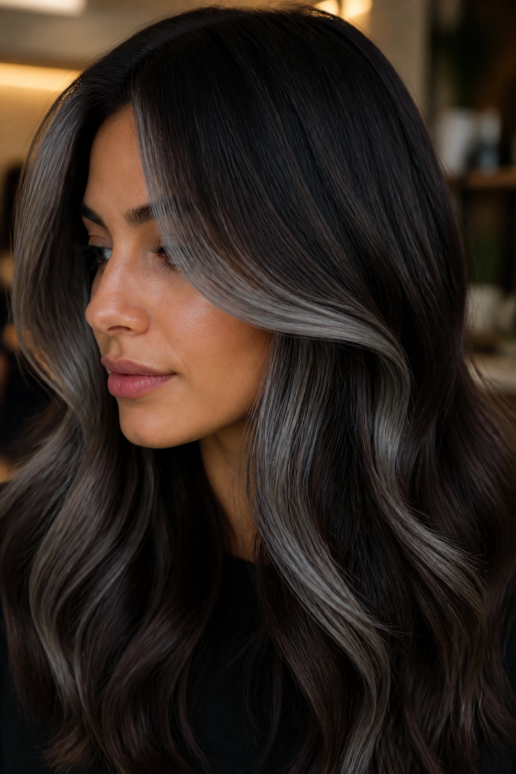 Close-up portrait of a real woman with slate-gray slices on dark mocha hair