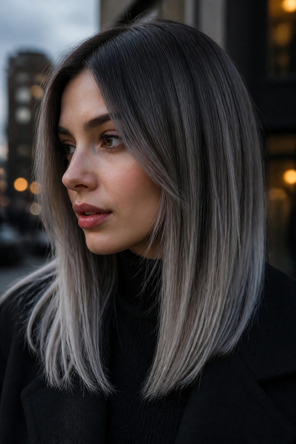 Portrait of a woman with slate gray smoke melt hair, deep roots to silver ends