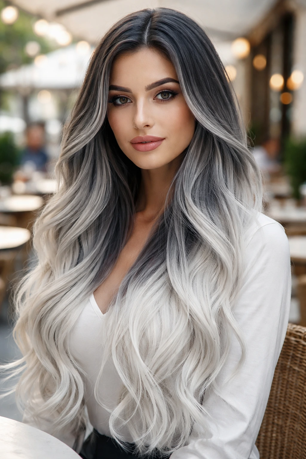 Close-up portrait of a real person with slate gray to white ombre hair