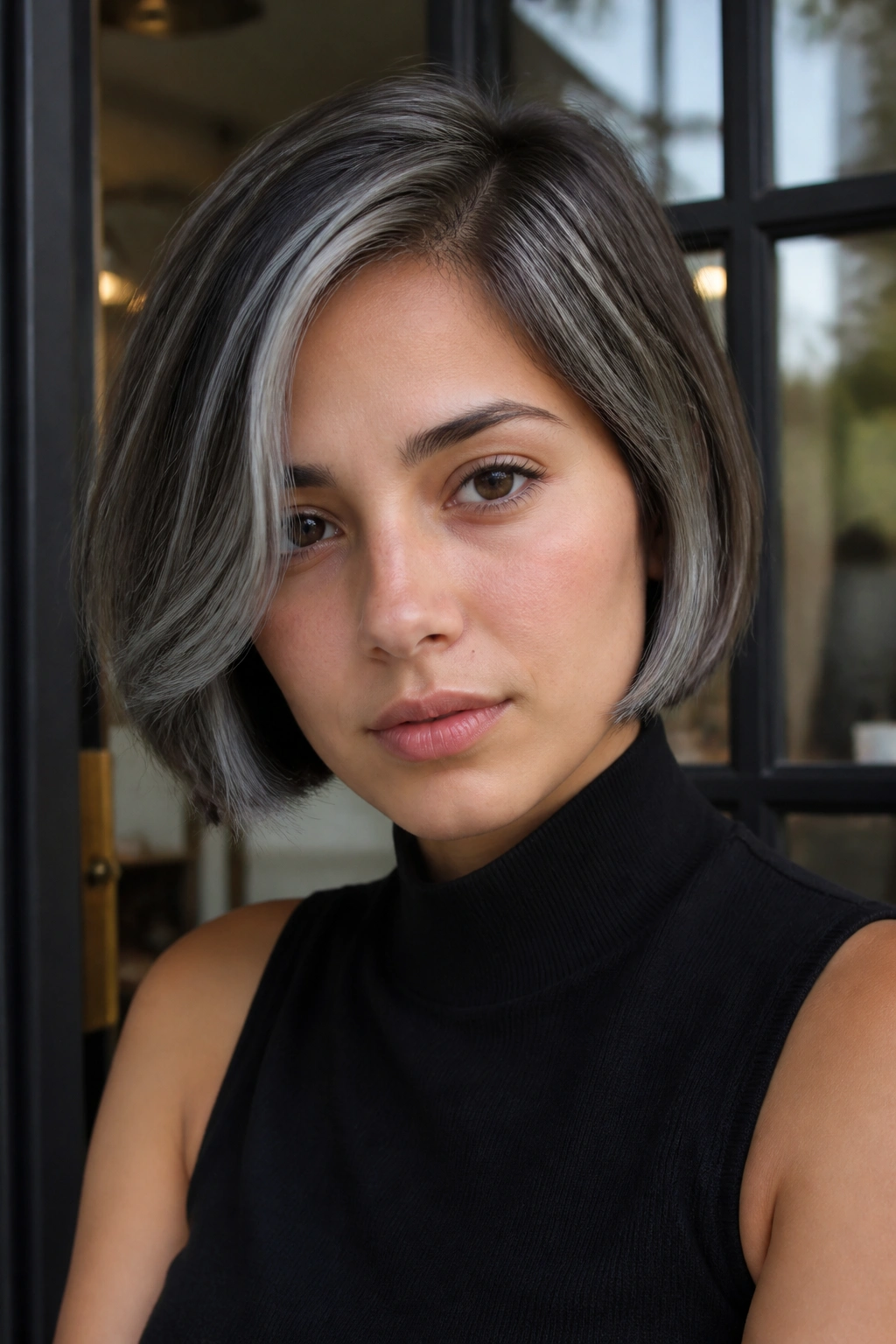 Portrait of a person with a short bob and slate grey sweep