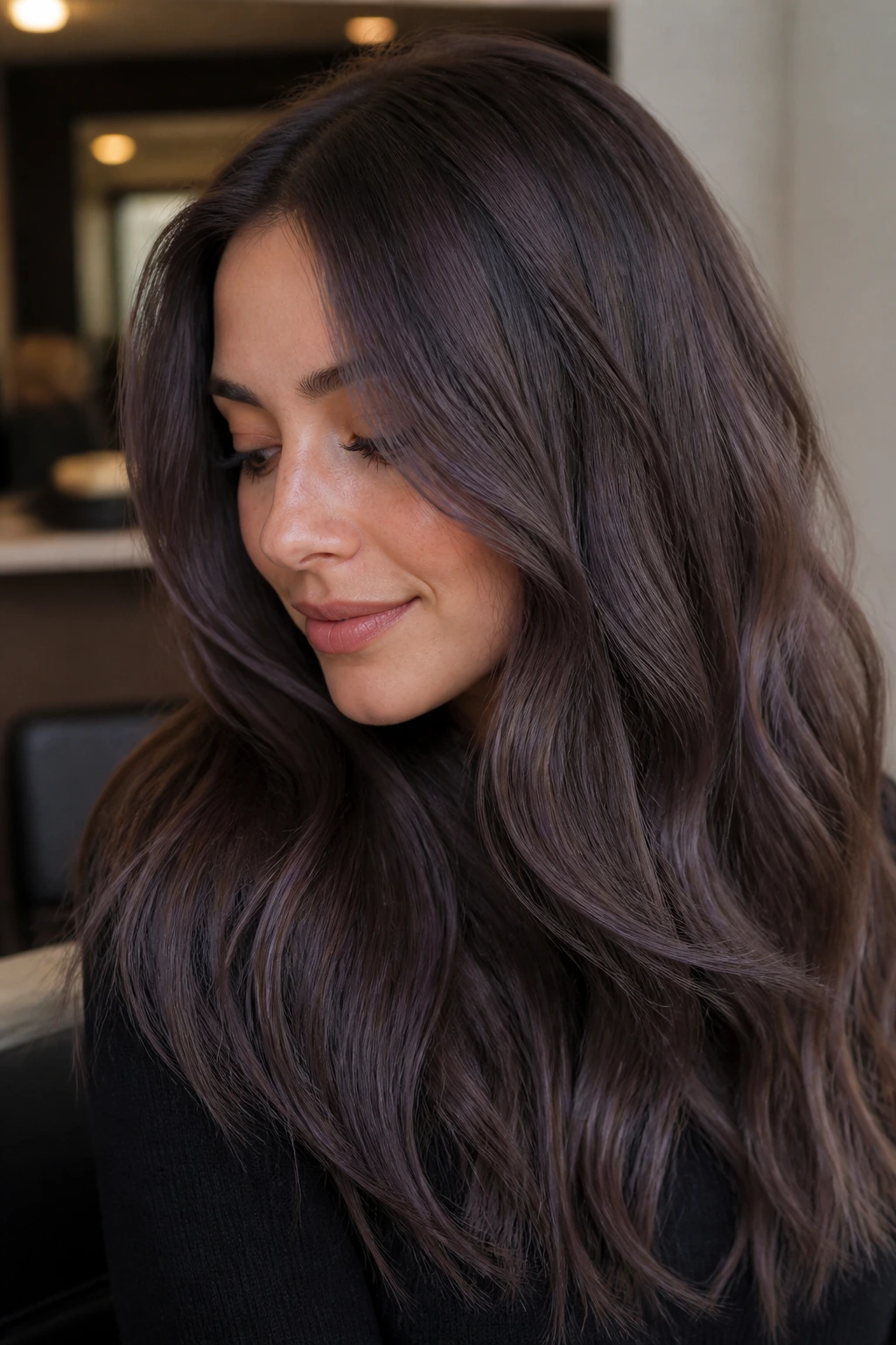 Real woman with slate-infused mocha hair in a muted, cool lighting setting.