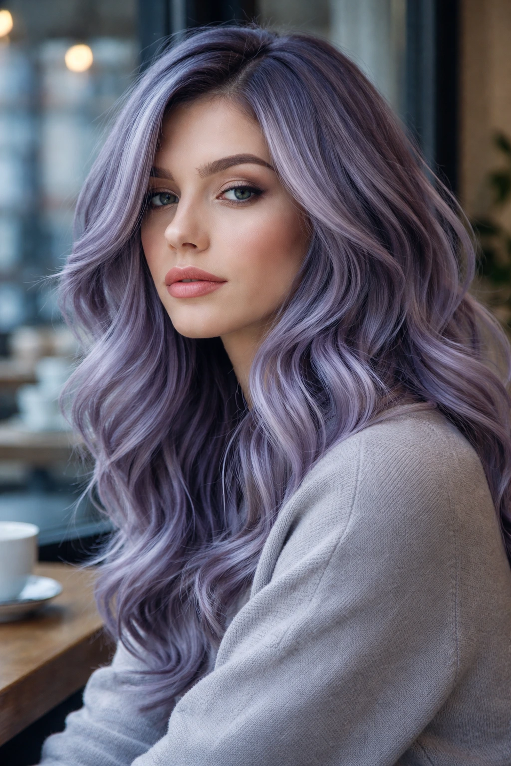 Close-up portrait of a woman with slate lilac waves and moody blue-grey tones