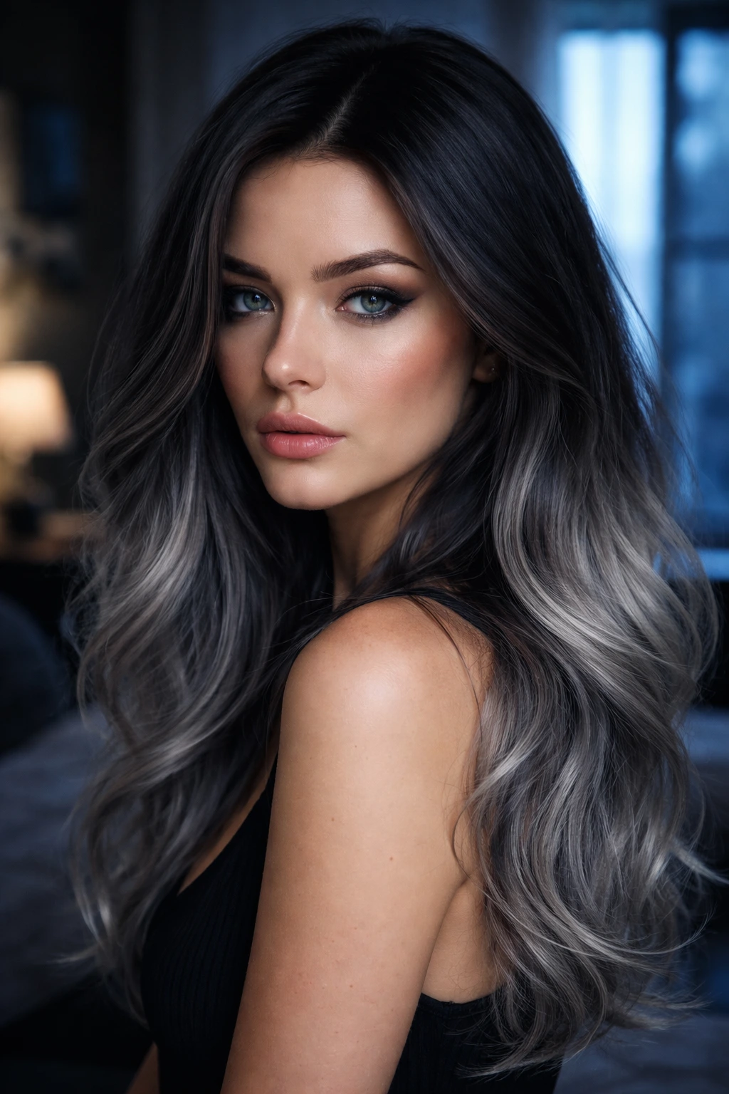 Portrait of a real person with metallic slate ombré hair