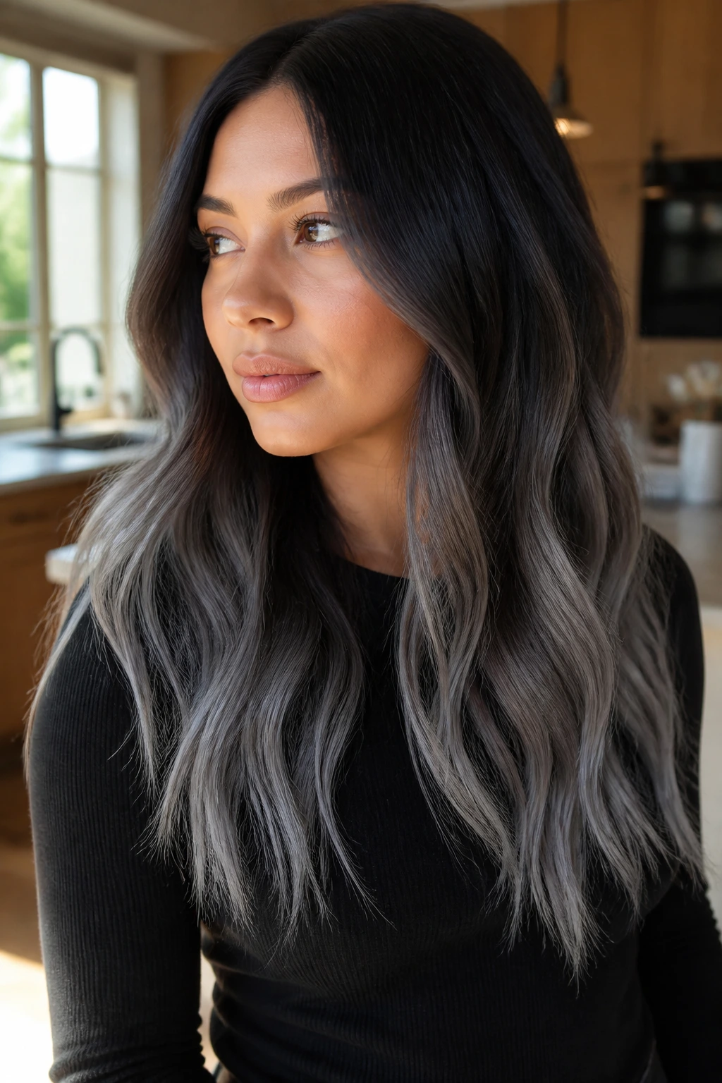 Real woman with slate ombre and shadow root in a close-up portrait