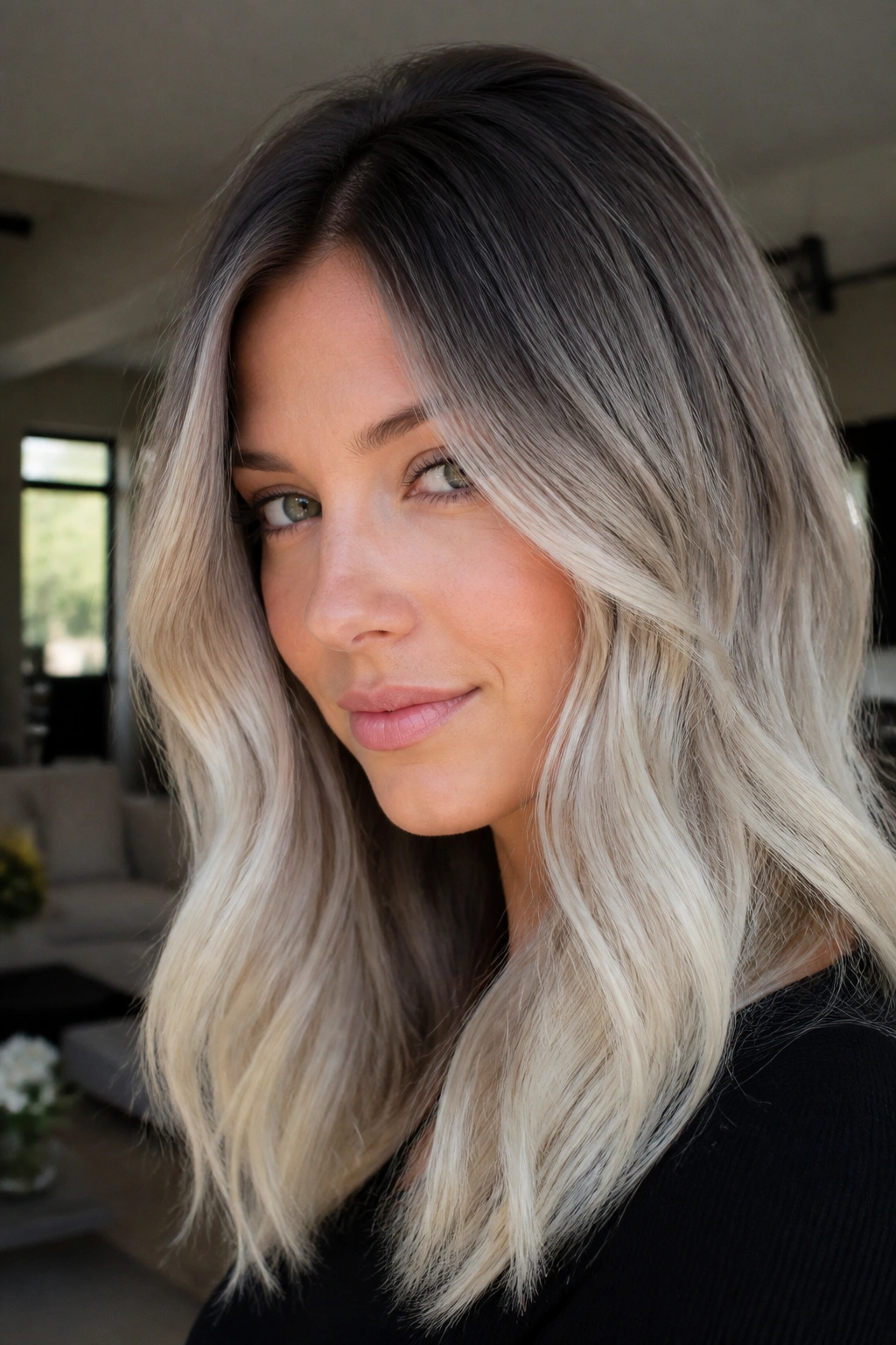 Close-up portrait of real woman with slate root smudge ends hair