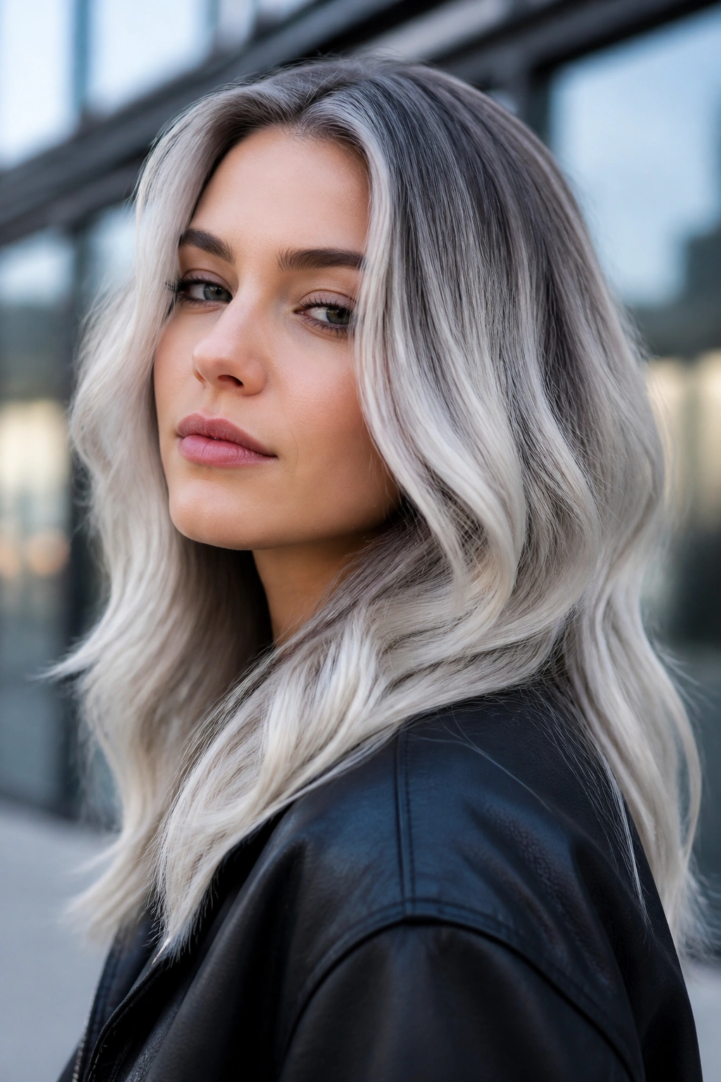 Close-up portrait of a real woman with smoky slate silver hair and cool roots