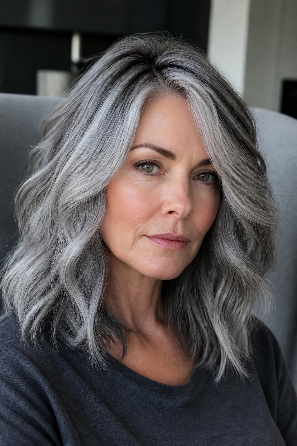 Close-up of a real person with slate silver hair and dark roots