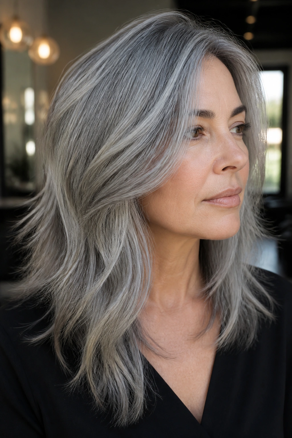 Close-up of a real person with slate silver hair and textured ends
