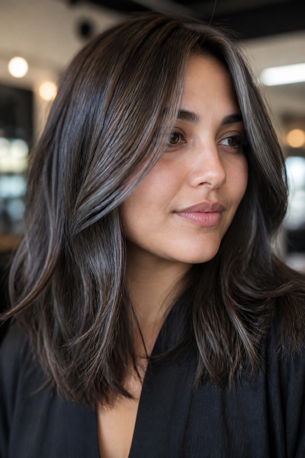 Close-up of a real person showing slate-toned streaks on dark brown hair