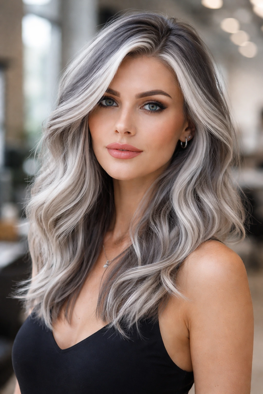 Close-up portrait of a real woman with slate-white hair mix