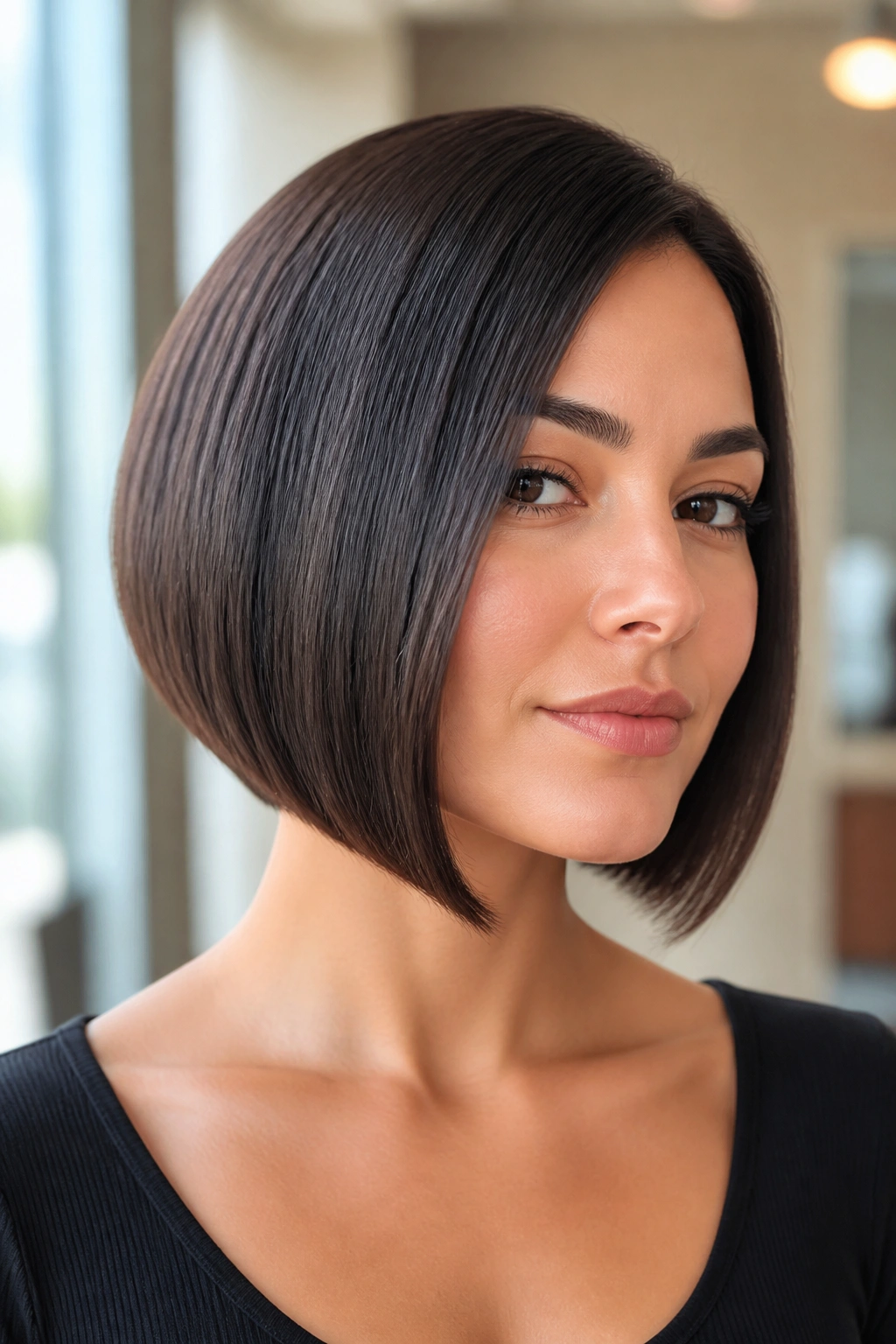 Close-up of a real woman with a sleek A-line bob