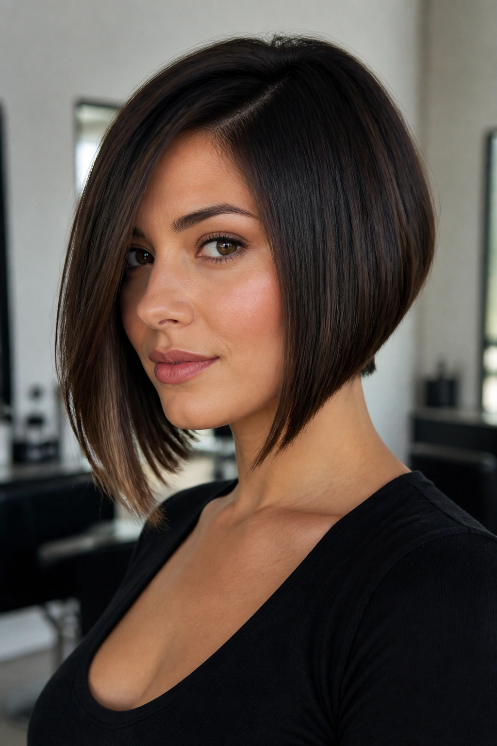 Real woman with sleek A-line asymmetrical bob in soft salon light