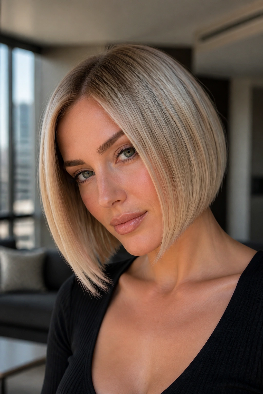 Sleek A-line bob with long front pieces on a real person.