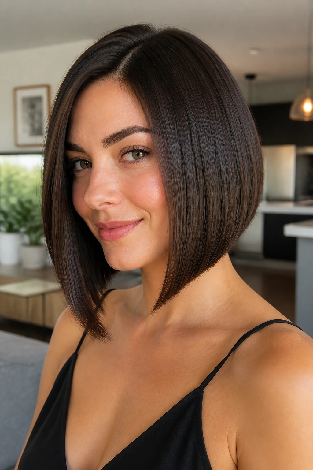Portrait of brunette with sleek A-line bob.
