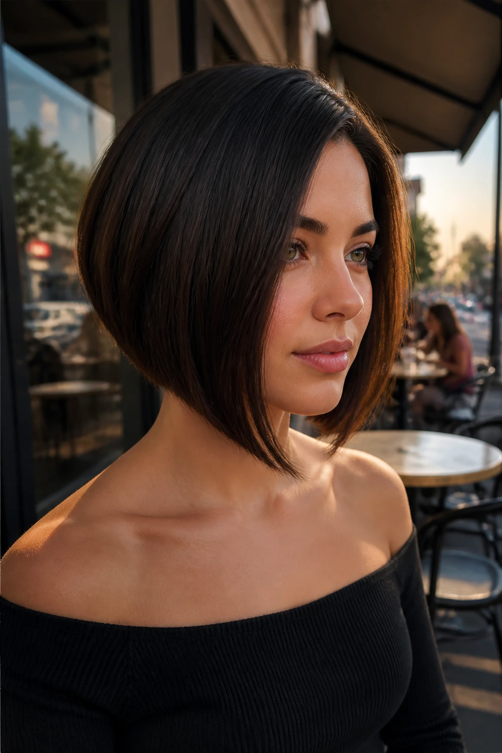 Portrait of a real woman with a sleek A-line bob in urban daylight