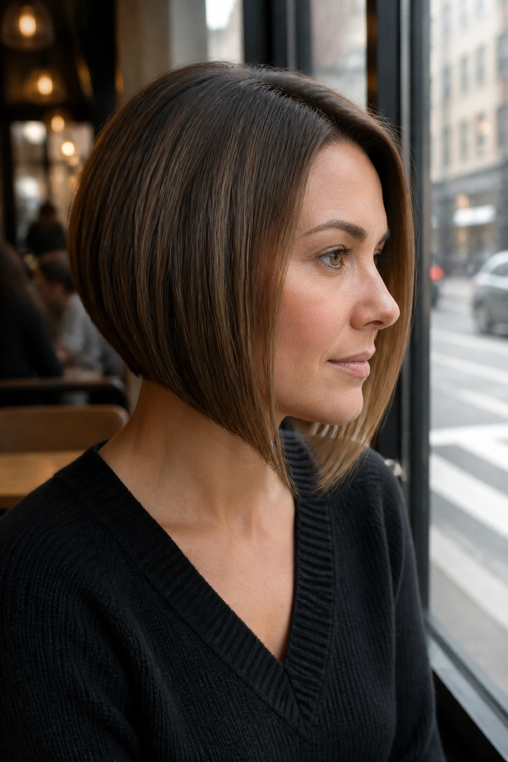 Portrait of a woman with a sleek A-line inverted bob in daylight.