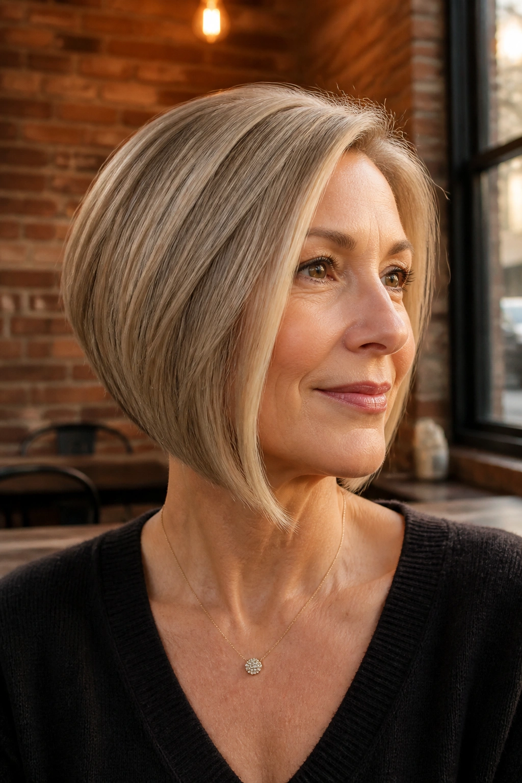 Close-up of a real woman with a sleek angled bob in an urban cafe setting