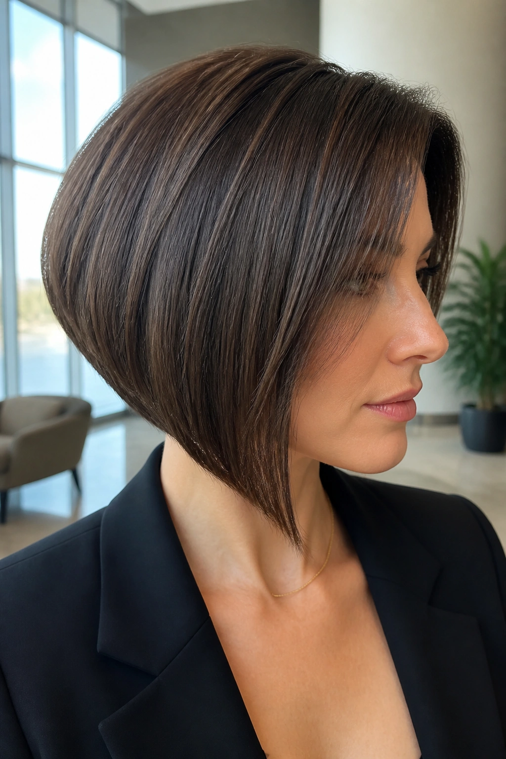 Real woman with sleek angled bob and micro layers in office daylight.