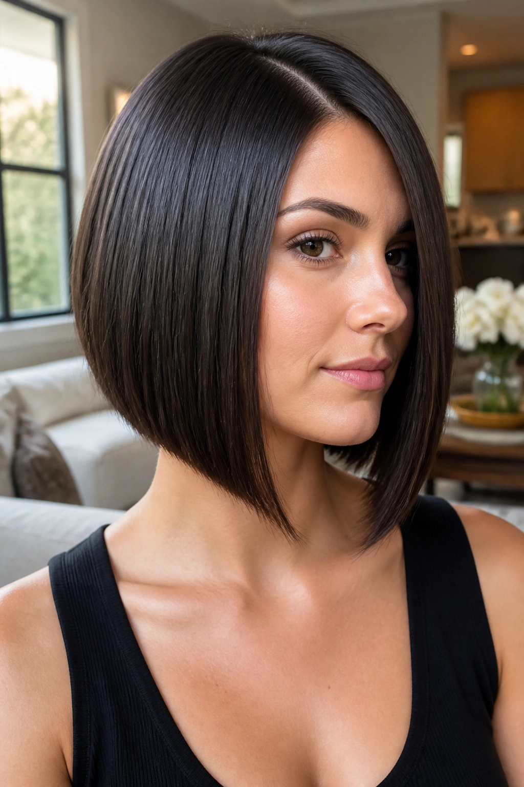 Close-up portrait of a real woman with Sleek Angled Bob for Straight Hair showing front longer than back and blunt ends, in natural window light