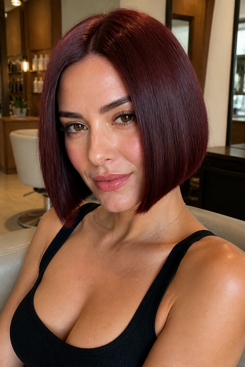 Close-up of a real woman with a sleek blunt dark auburn bob in warm salon lighting