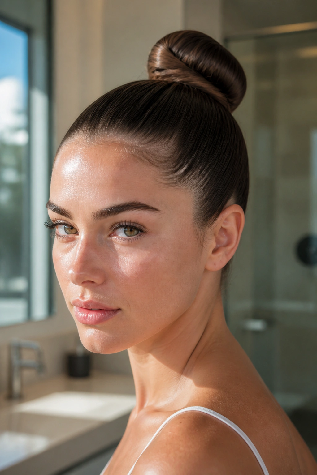 Close-up portrait of a real person with a sleek ballet top knot
