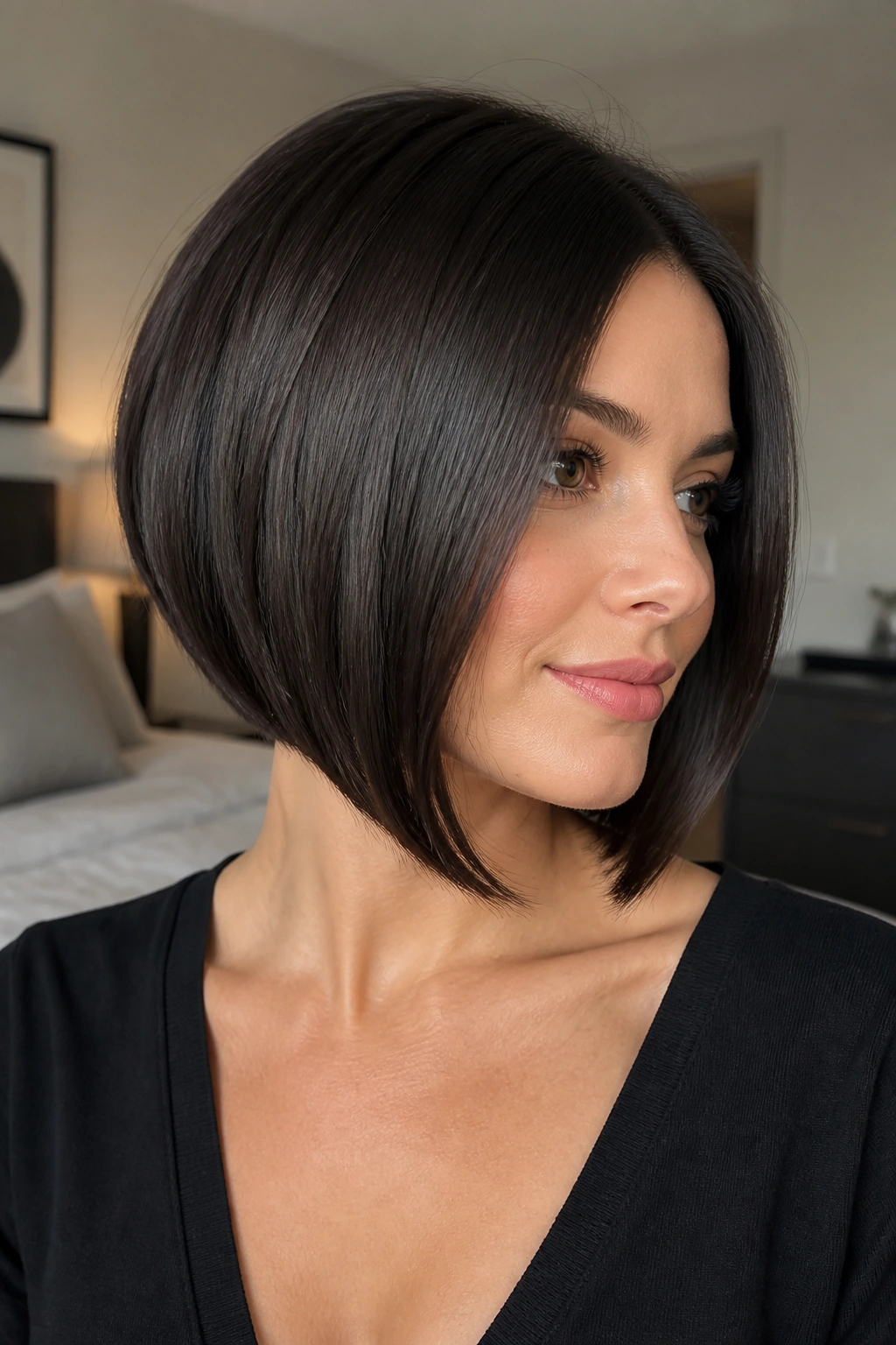 Real person with sleek beveled inverted bob, glossy smooth surface