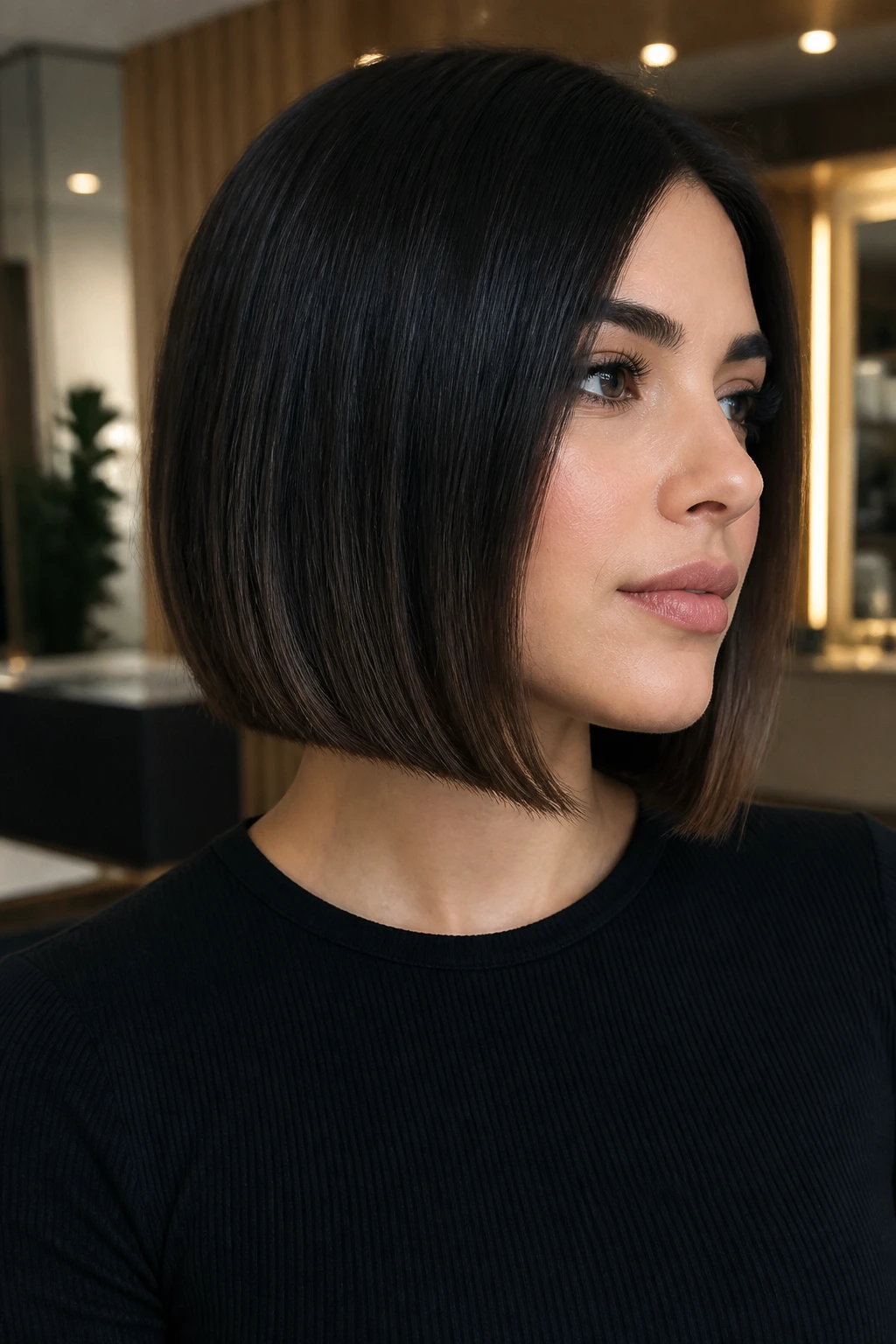 Close-up portrait of woman with sleek black lob and brunette fade