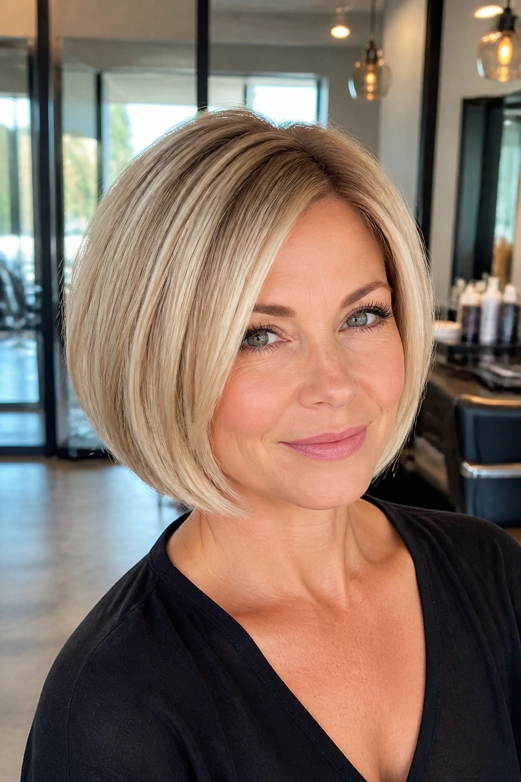 Portrait of real person with sleek blowout stacked bob