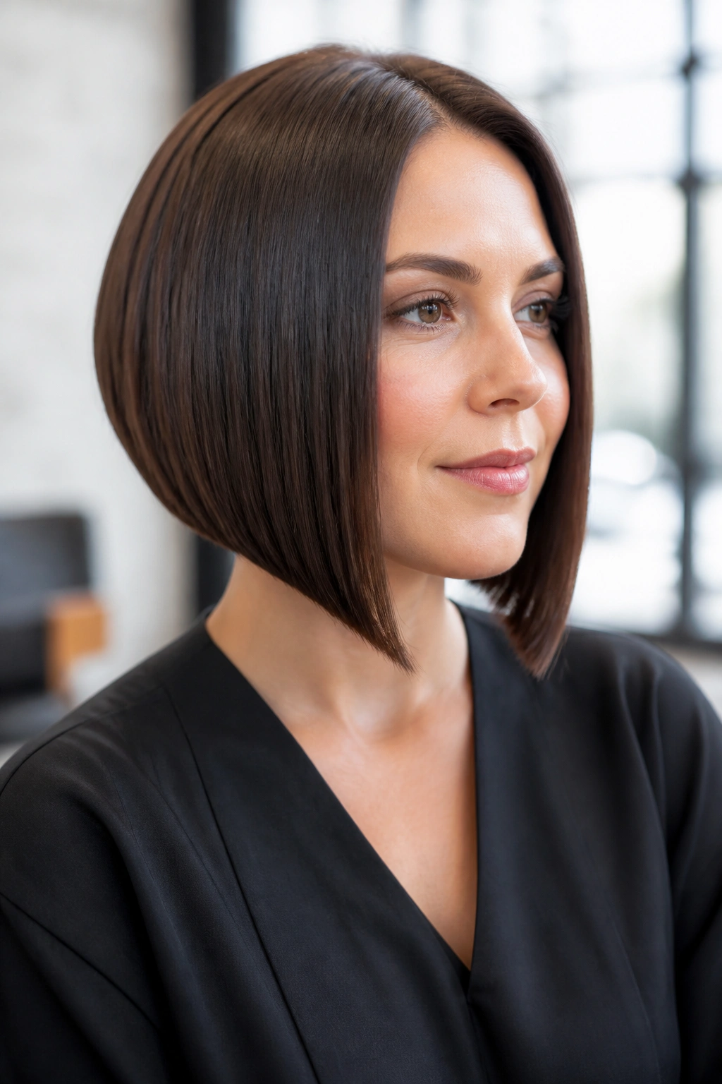 Close-up of a real woman with a sleek blunt-edge inverted bob in natural light