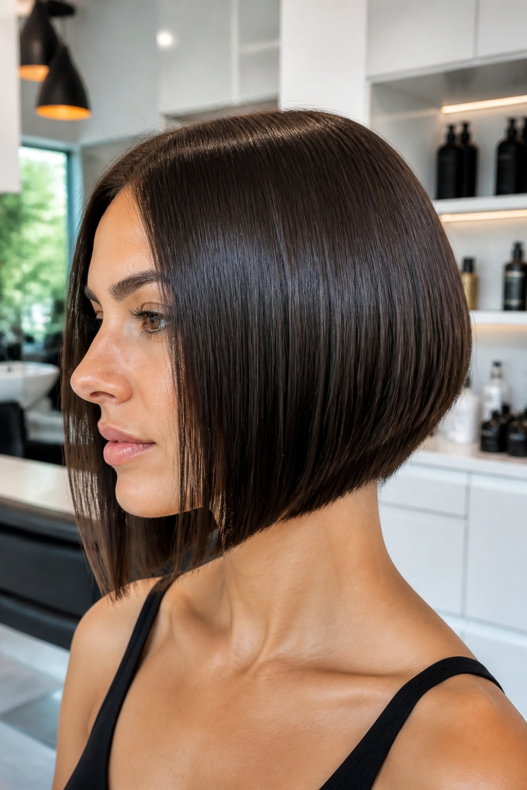 Close-up portrait of a real woman with a sleek blunt-front graduated bob