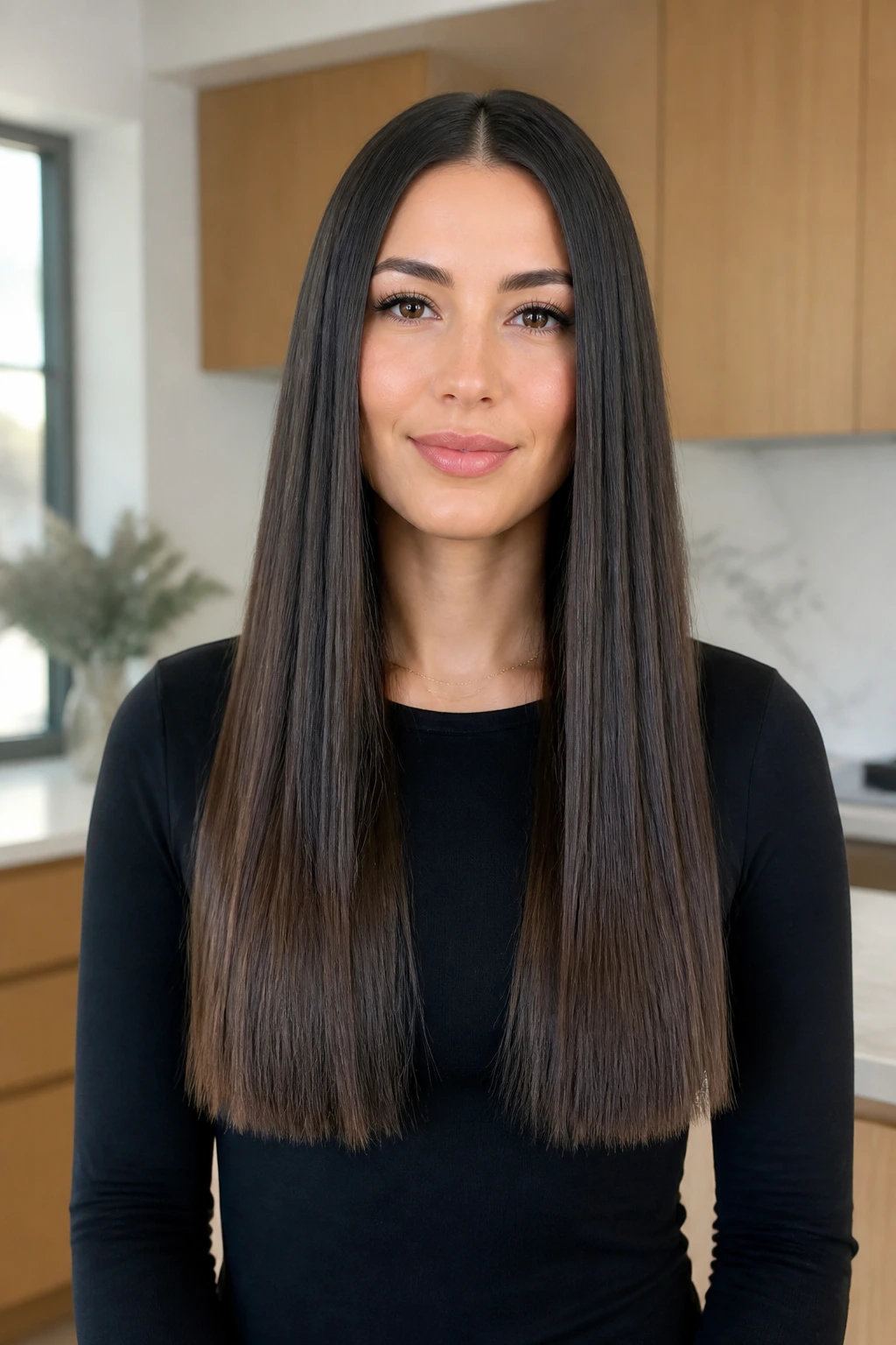 Real woman with sleek blunt length and minimal layers in natural light.