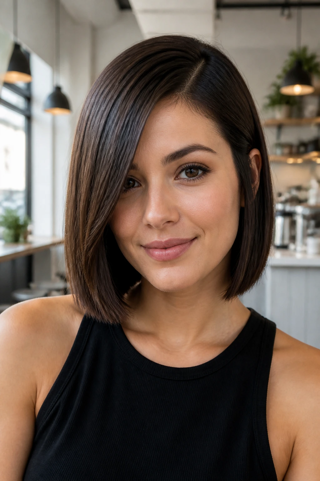 Portrait of a real woman with a sleek blunt lob and deep side part.