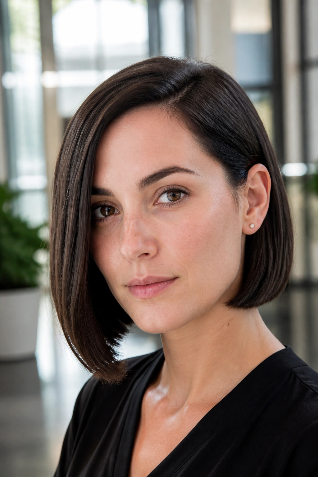 Close-up portrait of a real woman with a sleek bob and one ear exposed