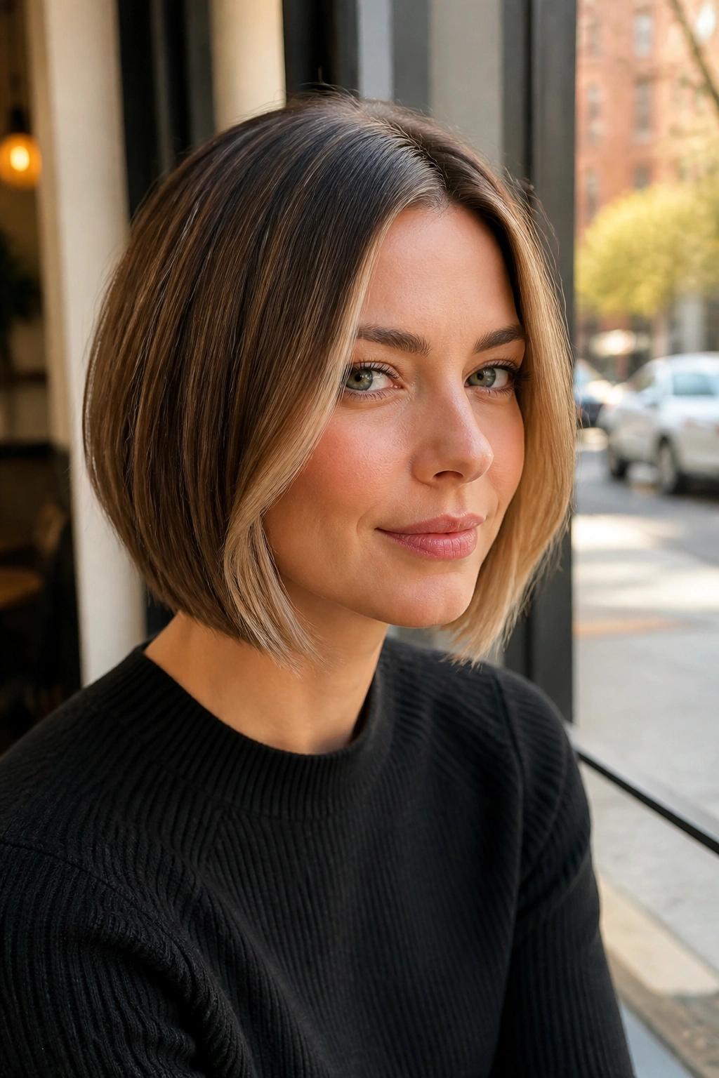 Portrait of a real woman with a sleek bob and light face-framing pieces in natural light.