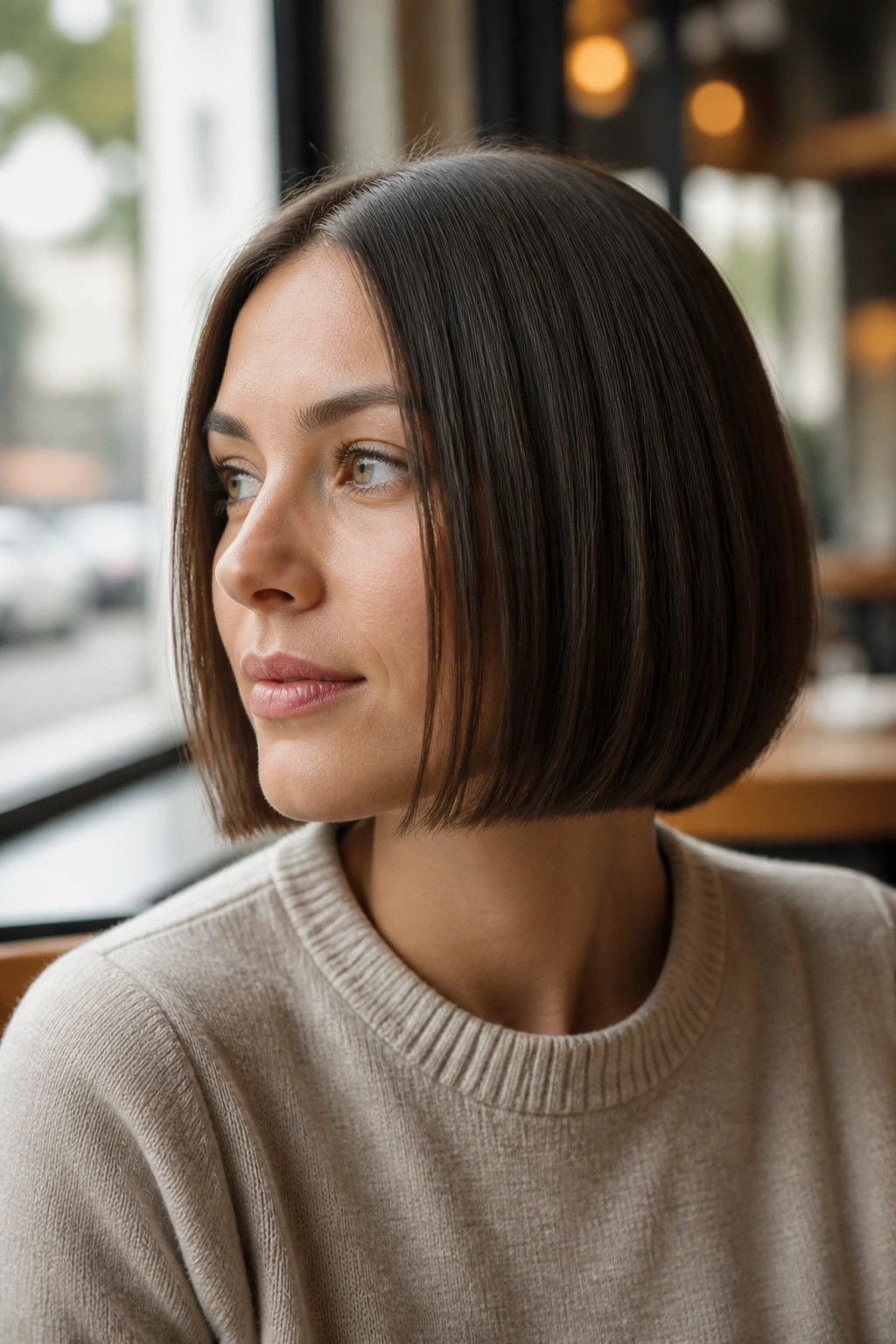 Close-up of real woman with jaw-length sleek bob along the jawline