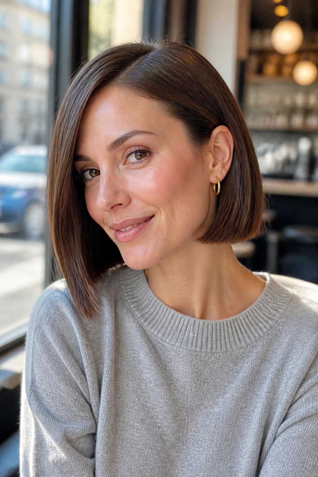 Portrait of a real woman with a sleek bob tucked behind the ear in cafe light