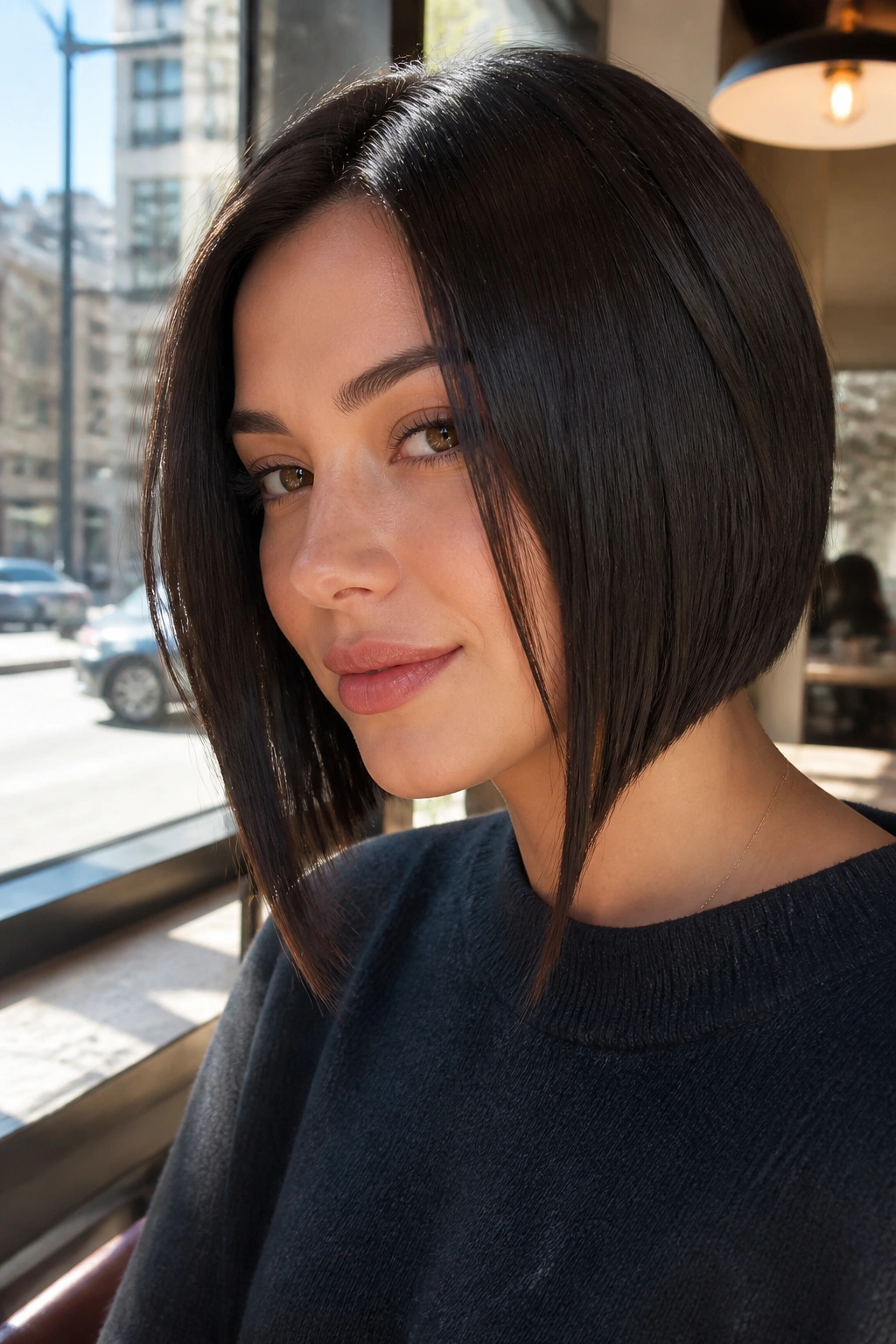 Sleek bob with long front pieces on a real person, close-up portrait showing jaw-framing length.